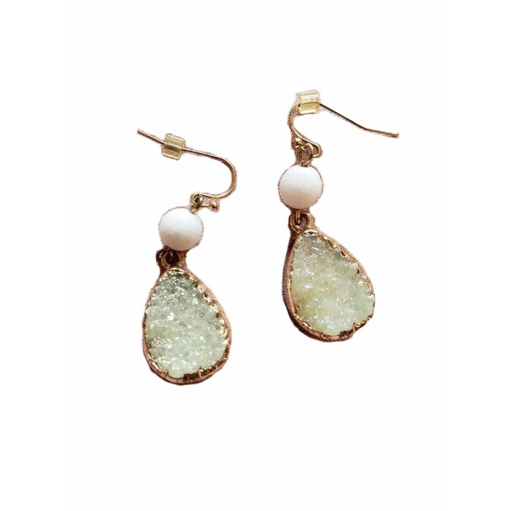Goldtone Light Gold Sage Green White Teardrop Druzy Bead Drop Wire Hook Earrings